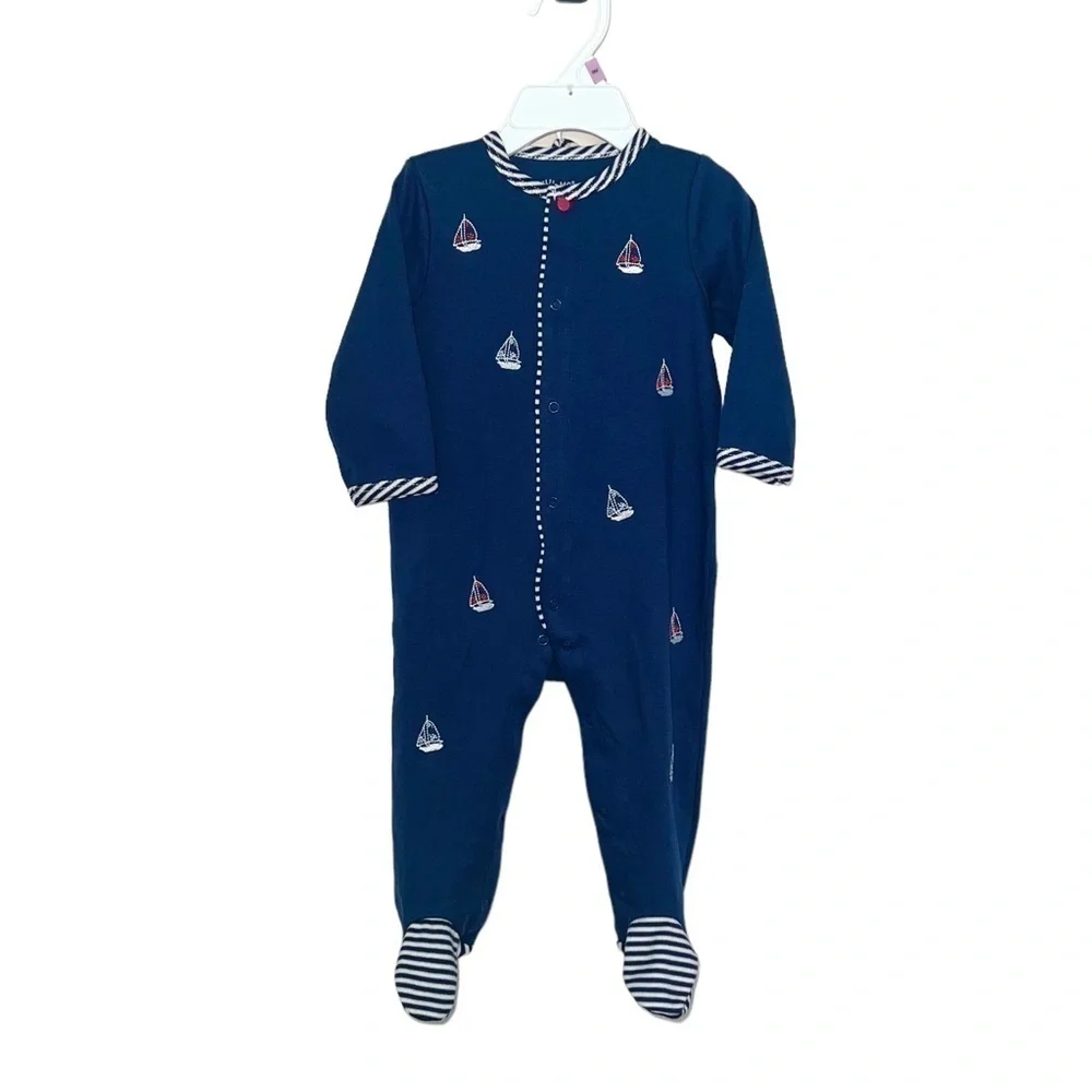 NWT Little Me Sailboats Footed One Piece And Hat Set Navy Blue